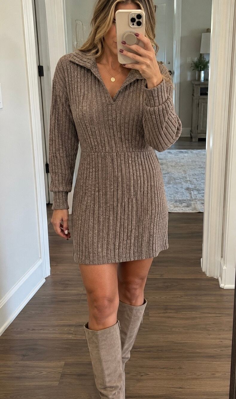 HYFVE Brown Ribbed Knit Collared V-Neck Sweater Mini Dress Long Sleeve L